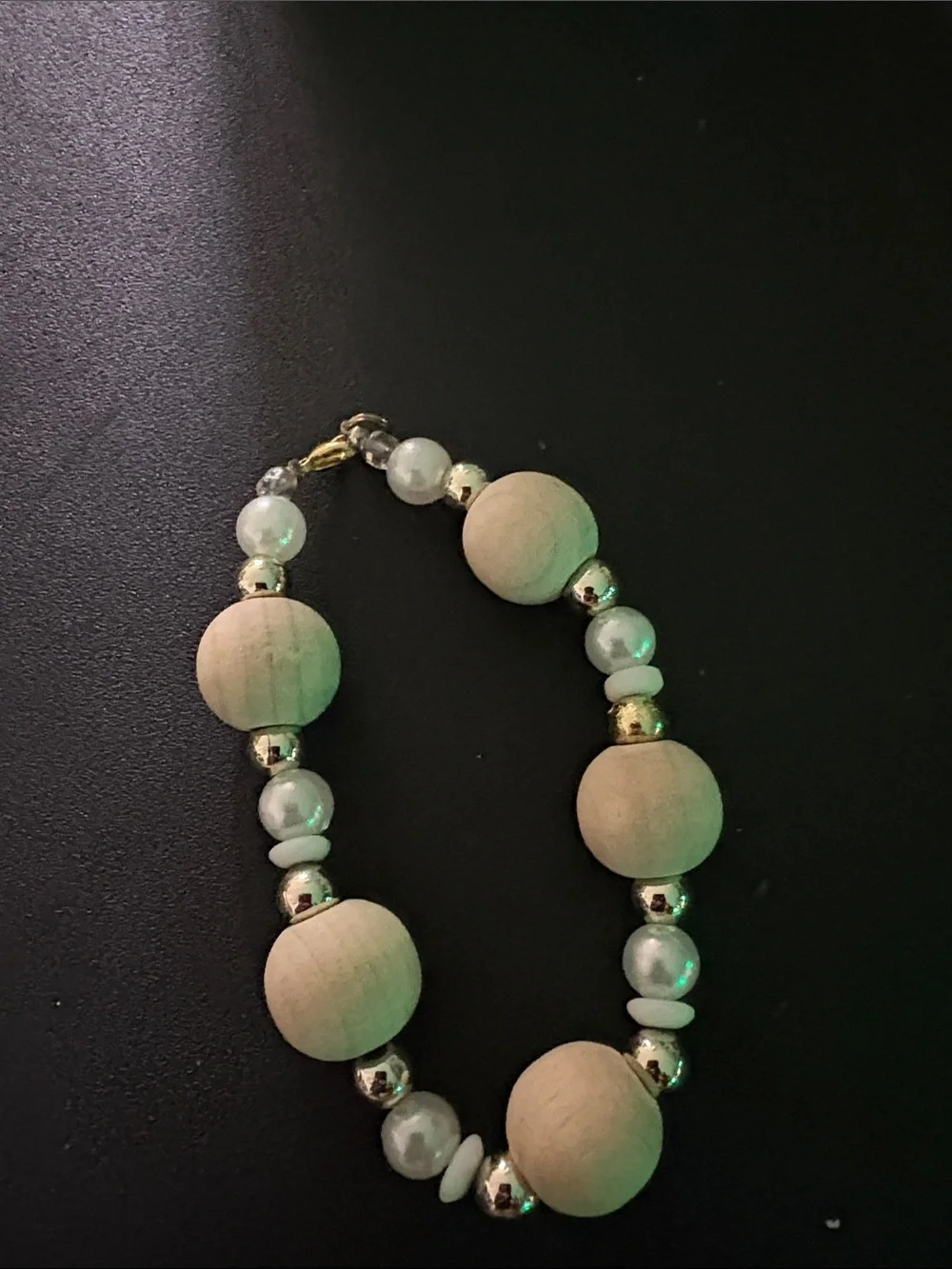 Natural Wood Bead and Pearl Bracelet and Earrings Set - Gold Accents